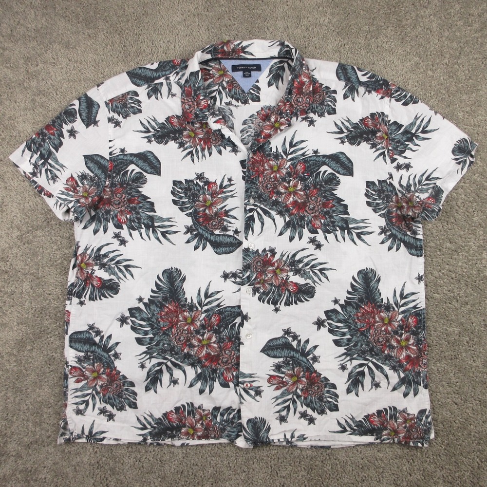 Tommy Hilfiger Shirt Mens 3XL White Floral Hawaiian Camp Vacation Button Up EUC